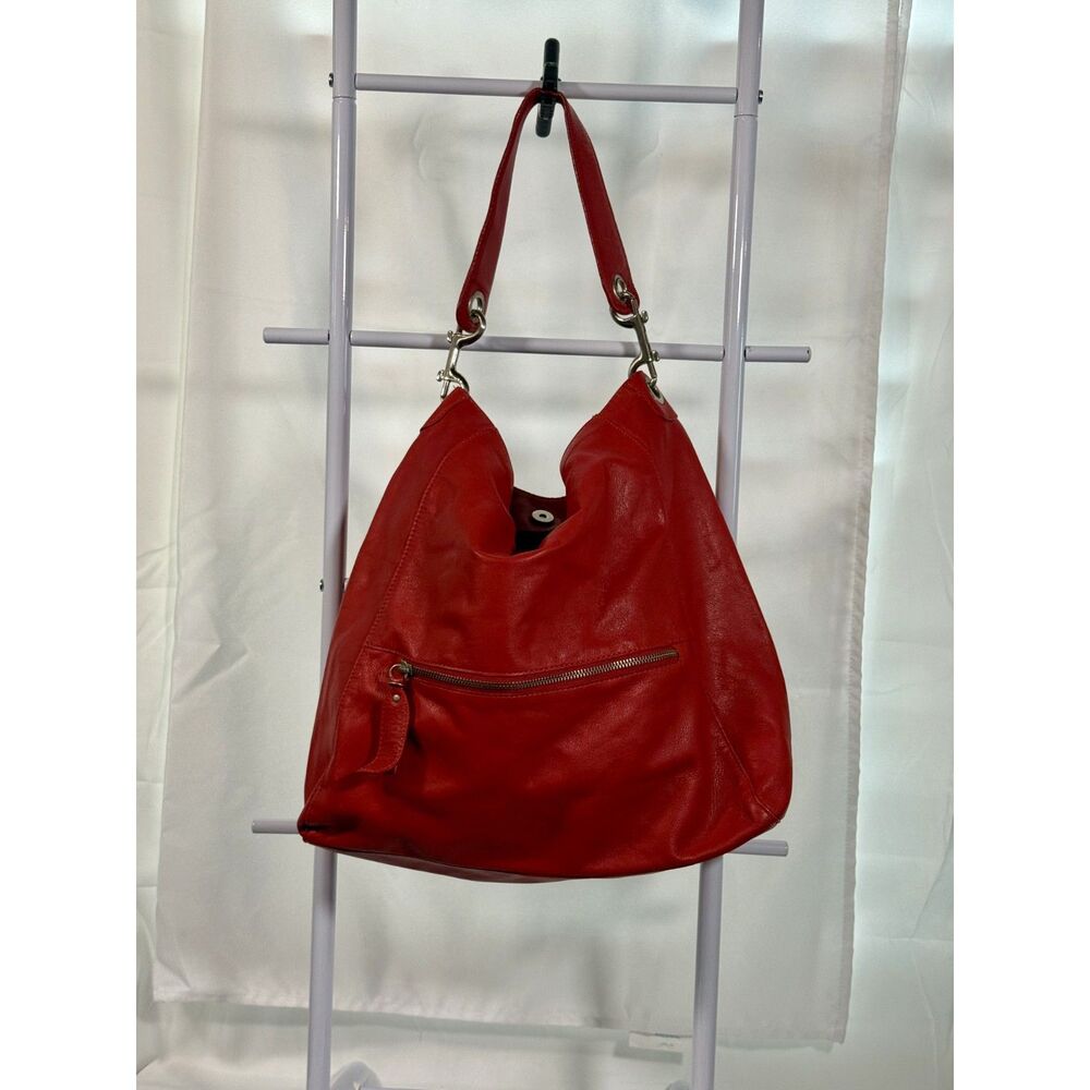 Garnet Hill Bright Ruby Red Leather Hobo Bag • Italian Leather • Large Slouchy